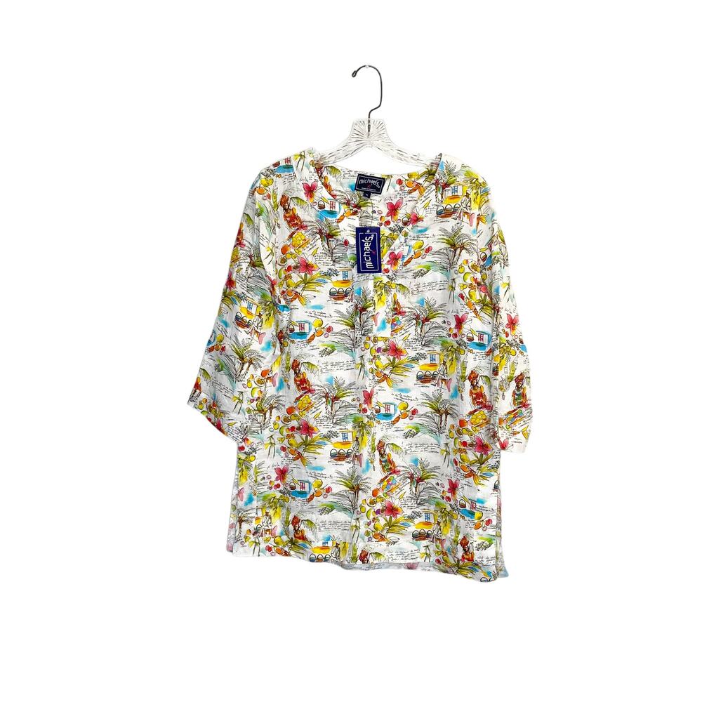 michael's women floral print beach tunic blouse Linen sz m v neck 3/4 sleeve